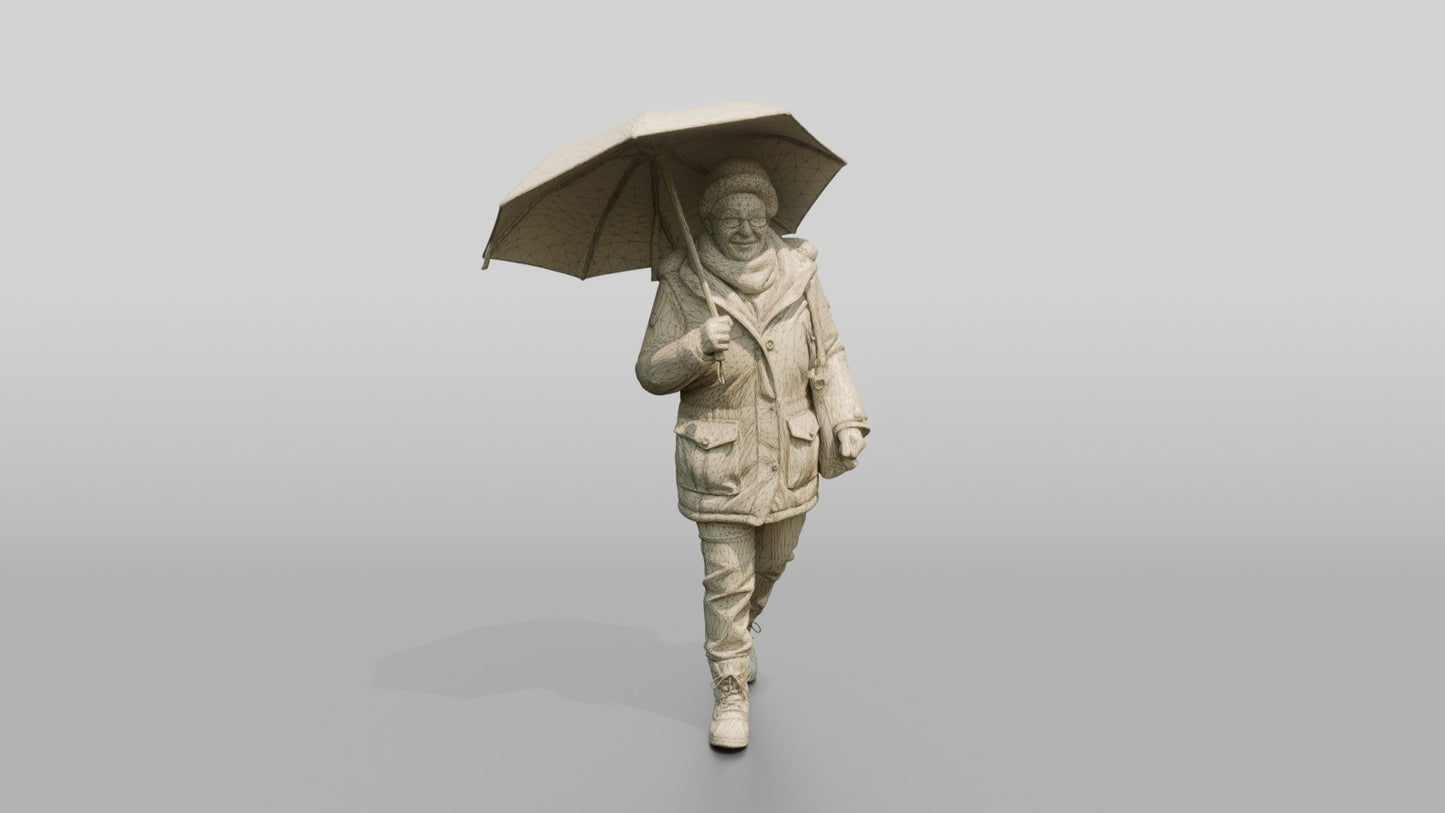 Elderly Black Woman in Heavy Coat with Umbrella