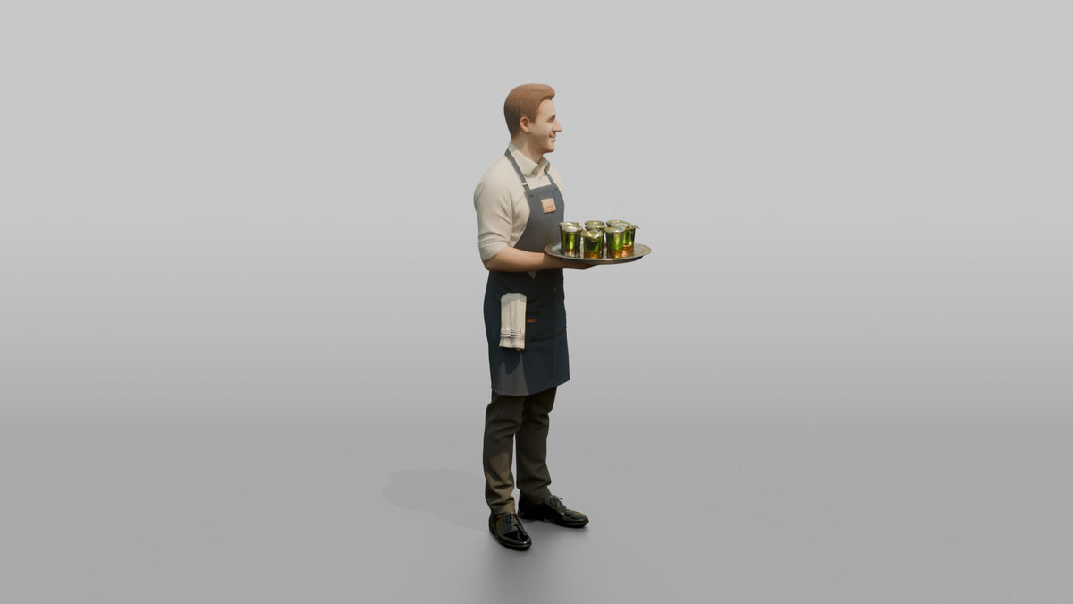Bartender Man Holding A Tray Of Shot Glasses - 3D character model, view 2