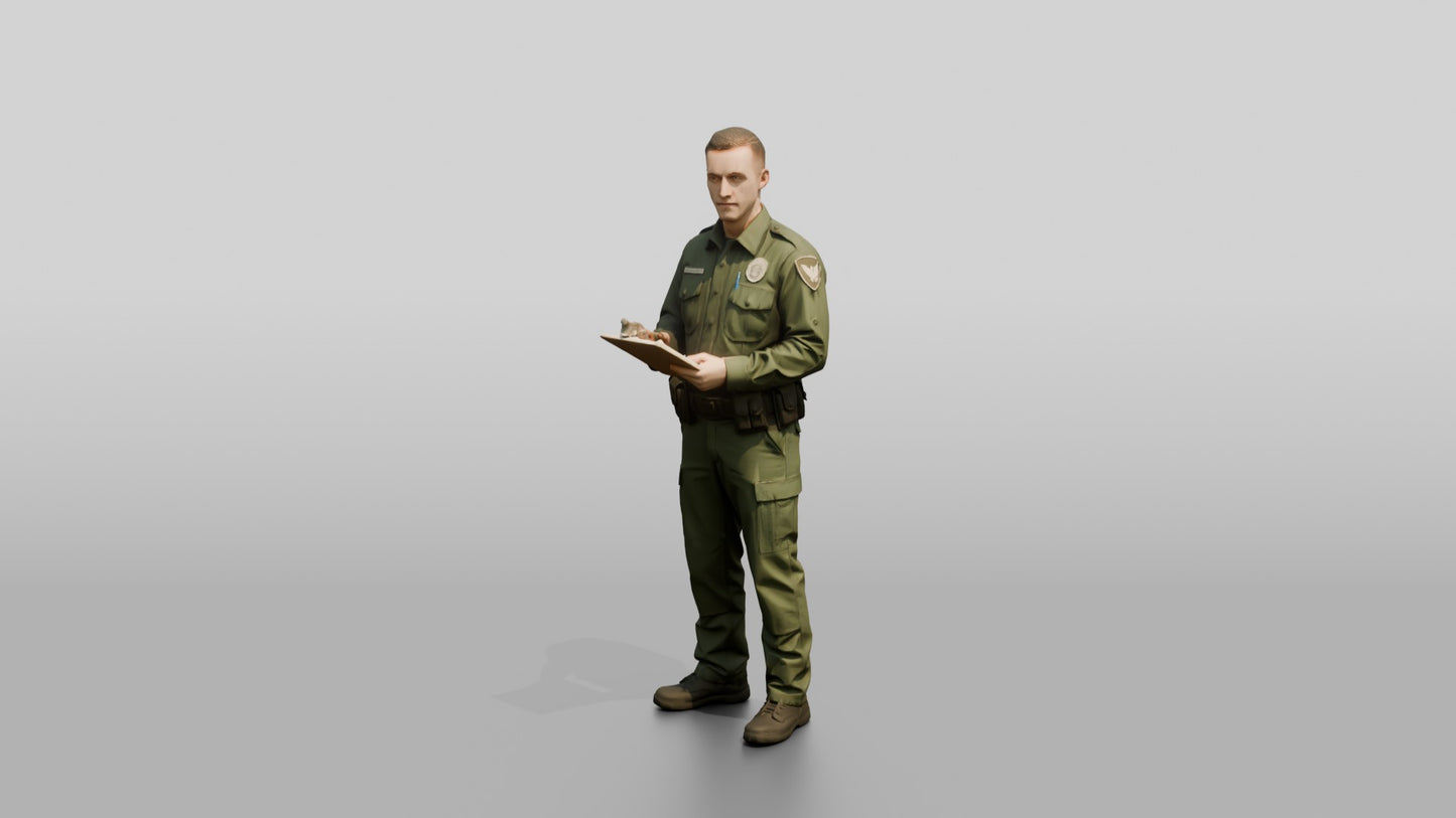 Caucasian Male Guard in a Dark Green Tactical Uniform