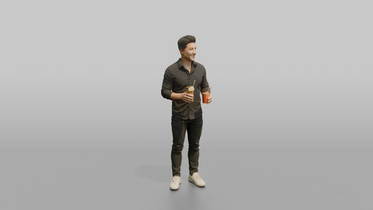 Patron Man Holding Two Drinks, One In Each Hand - 3D character model