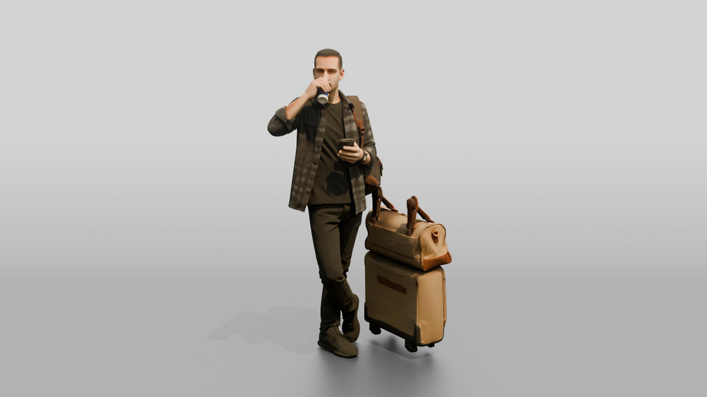 Man in Plaid Shirt Drinking Coffee and Texting with Luggage