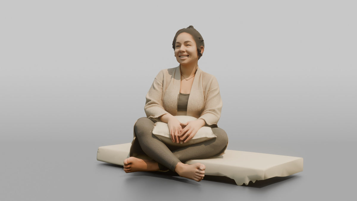 Spa Client Woman Sitting On A Daybed, Legs Crossed, Holding A Small Pillow - 3D character model, view 4