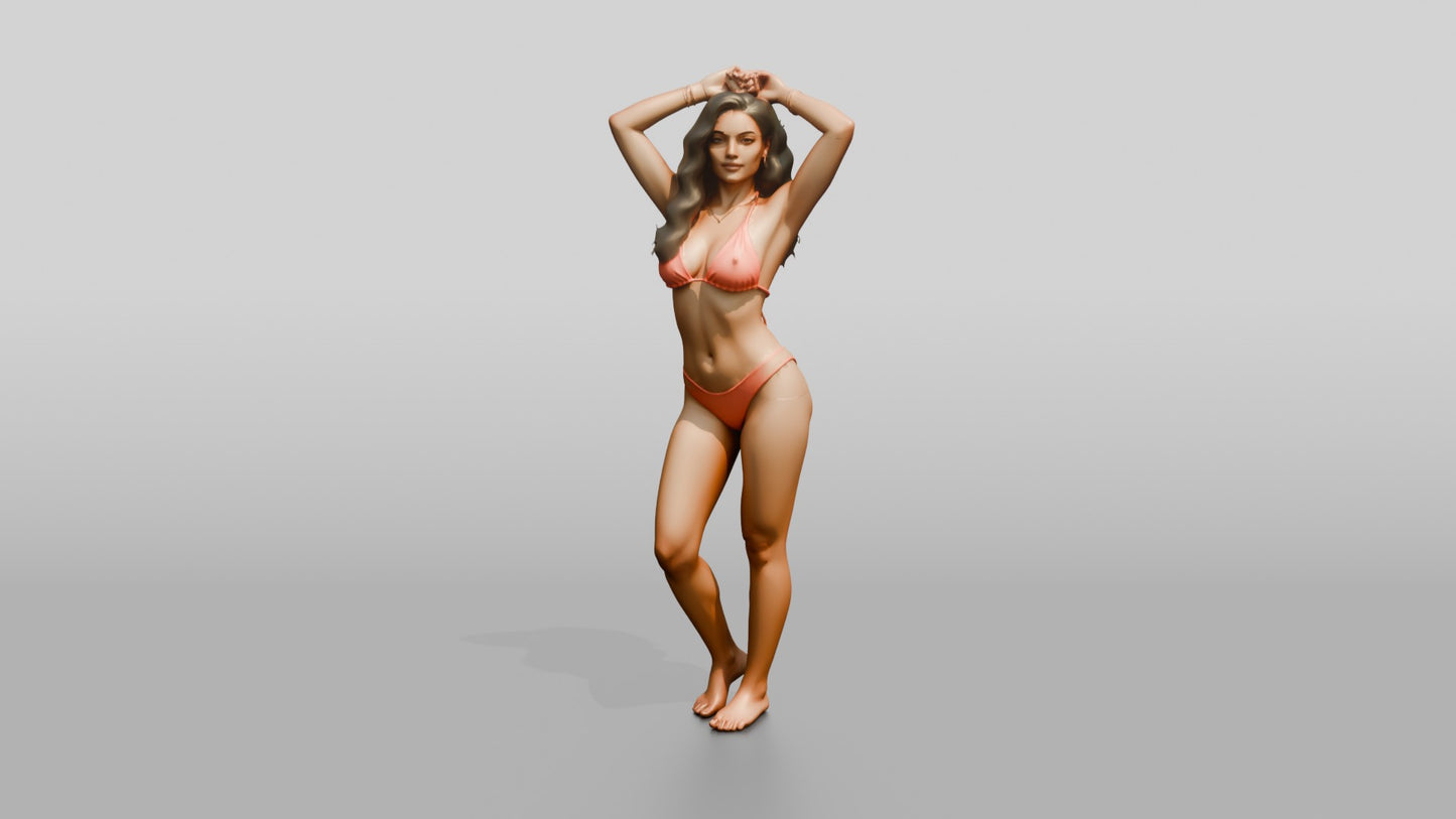 Woman in Coral Two-Piece Swimsuit Adjusting Her Hair