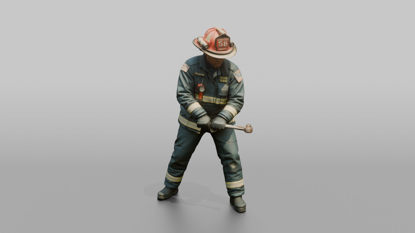 Firefighter Man Turning a Large Metal Fire Hydrant Valve Key