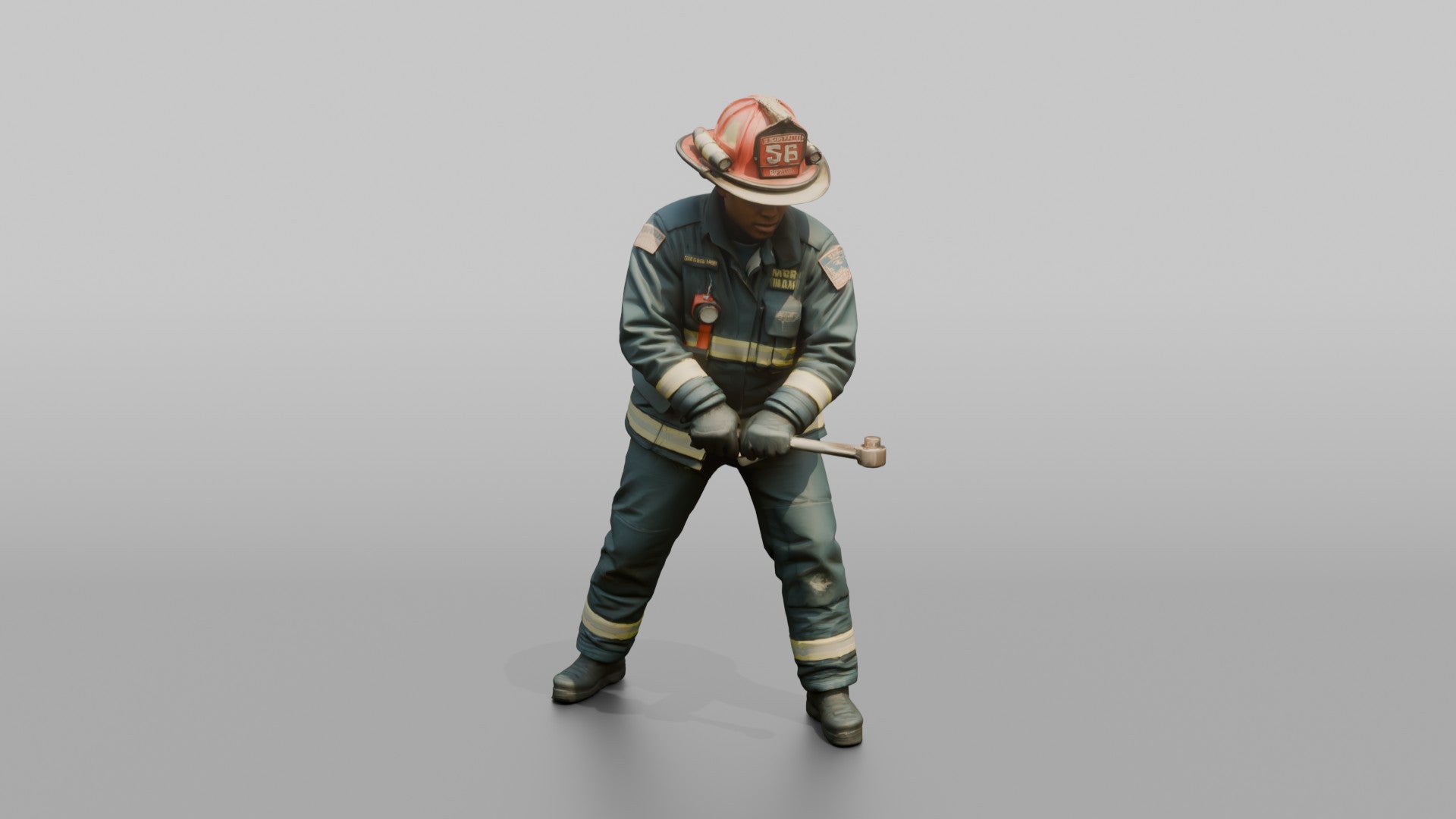 Firefighter Man Turning a Large Metal Fire Hydrant Valve Key