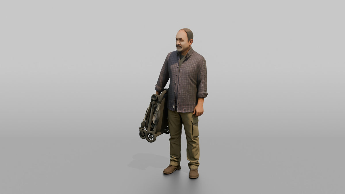 Father Carrying A Folded Stroller Tucked Under One Arm - 3D character model, view 4