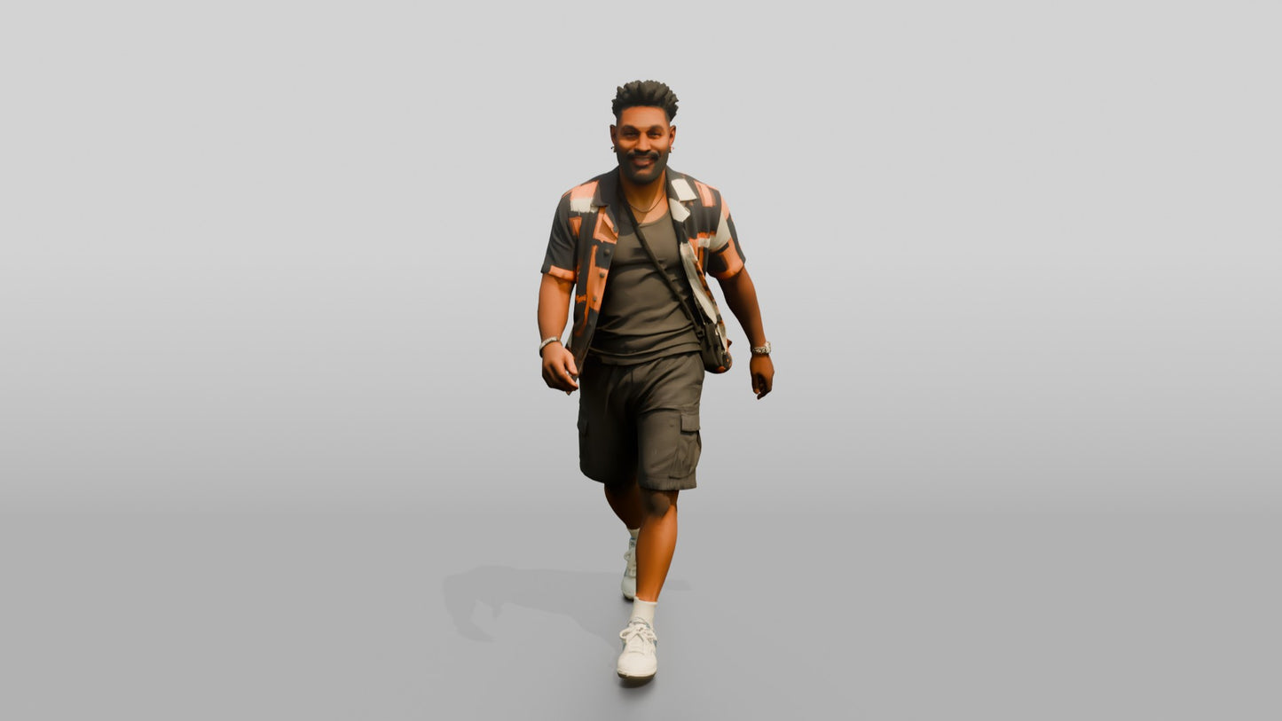 African-American Man Walking Dynamically in Patterned Shirt