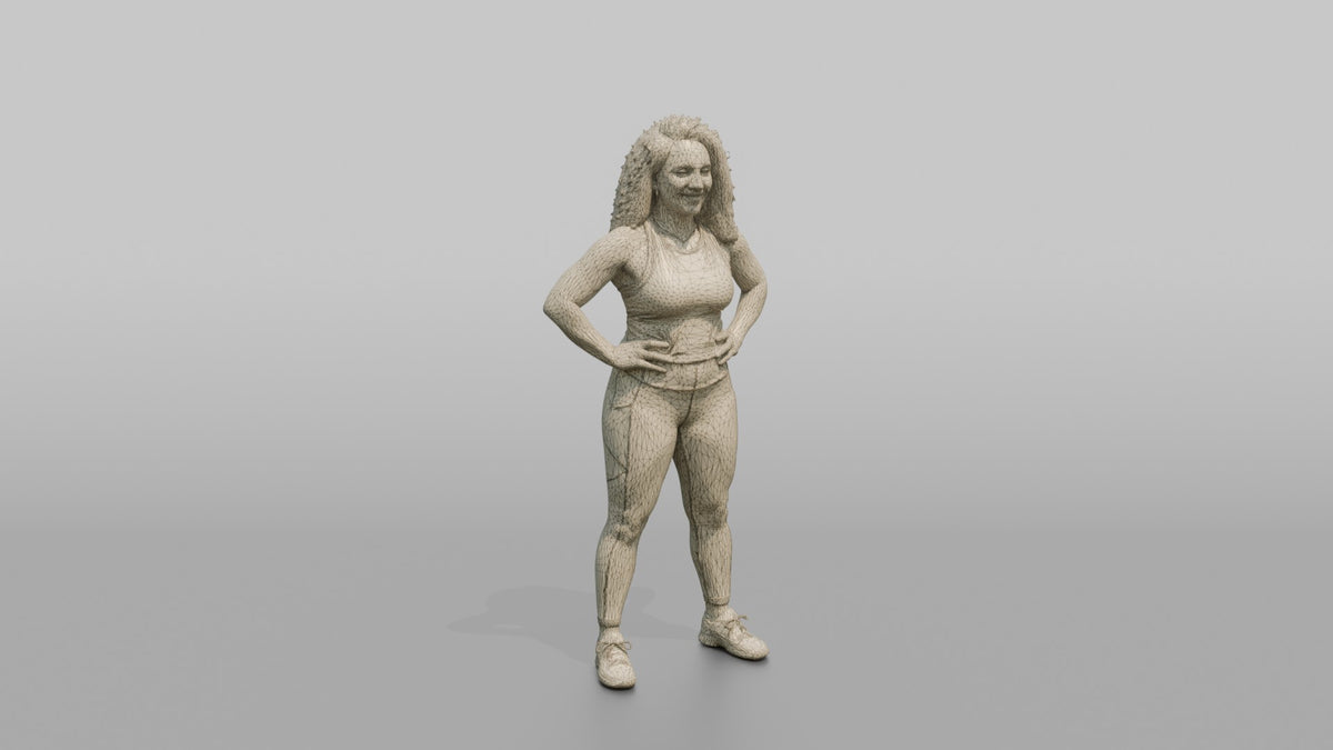 Physique Model Woman Standing With Hands On Hips, Chest Out, Confident Pose - wireframe topology preview