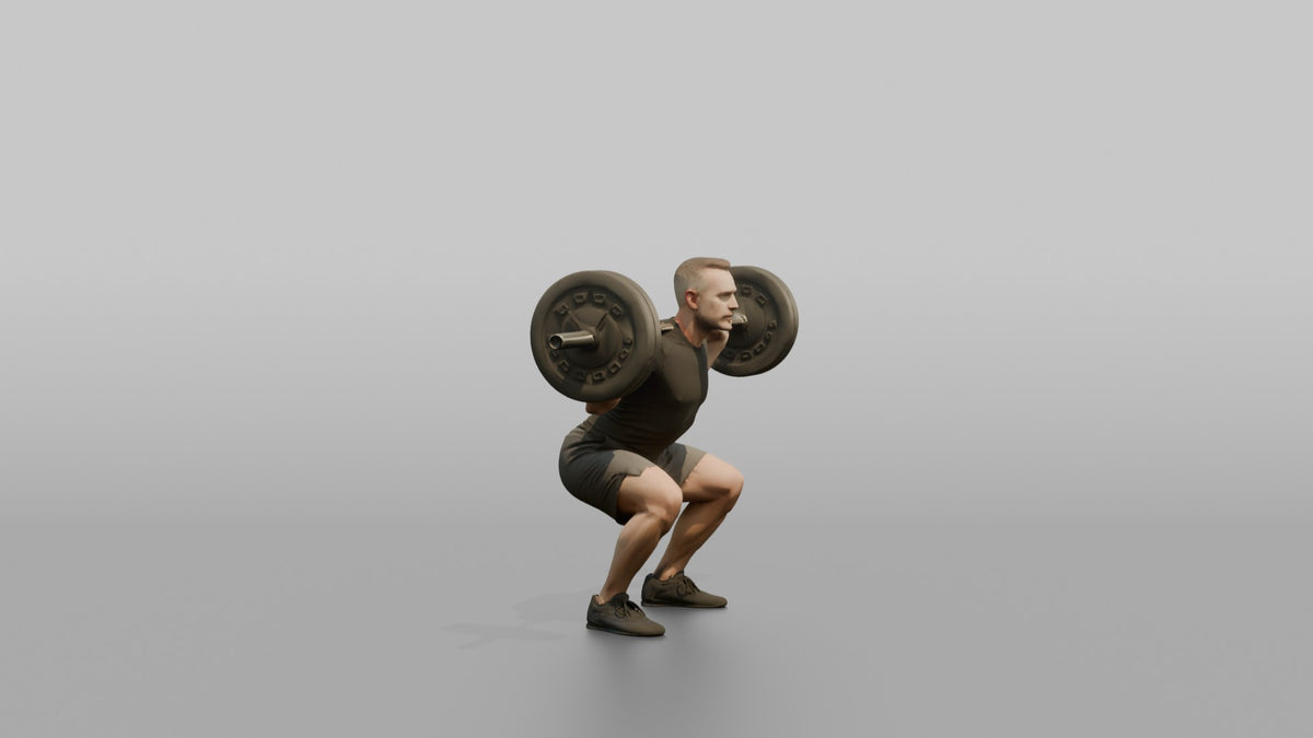 Weightlifter Man Holding A Barbell Across The Shoulders In A Squat Stance - 3D character model, view 2