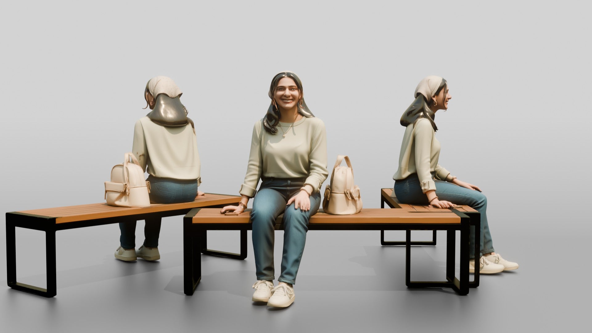 Young Woman Sitting on Bench with Backpack