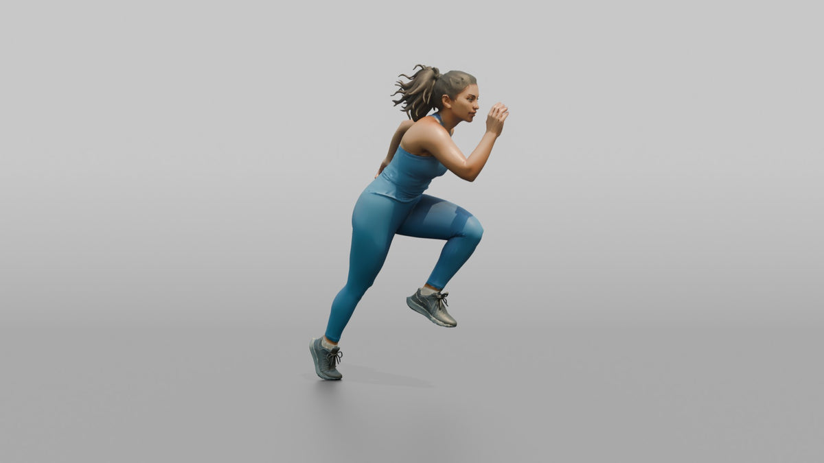 Cardio Athlete Woman In A Sprinting Stance, Leaning Forward - 3D character model, view 3