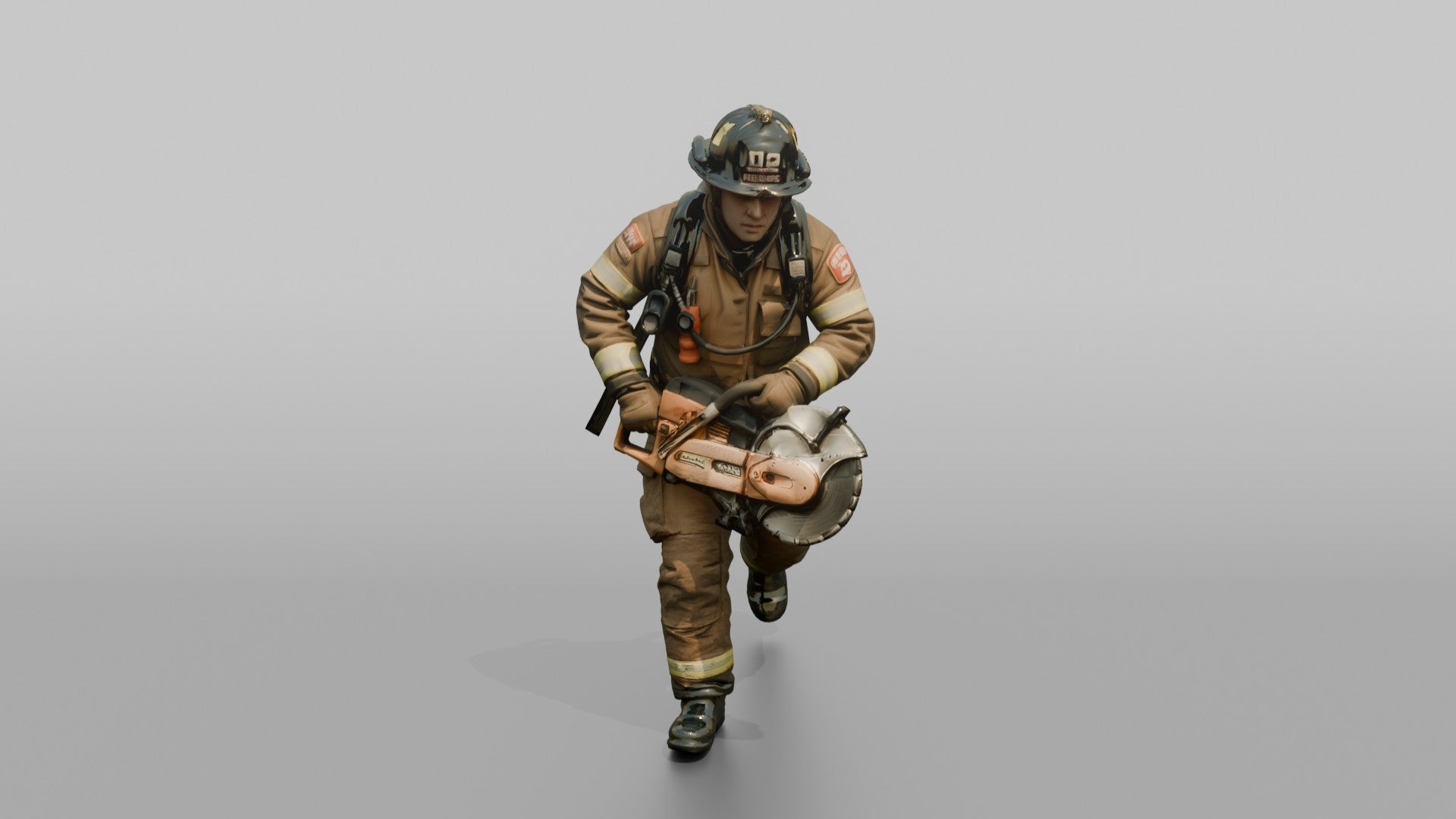 Firefighter Man Running Forward with a Rotary Rescue Saw
