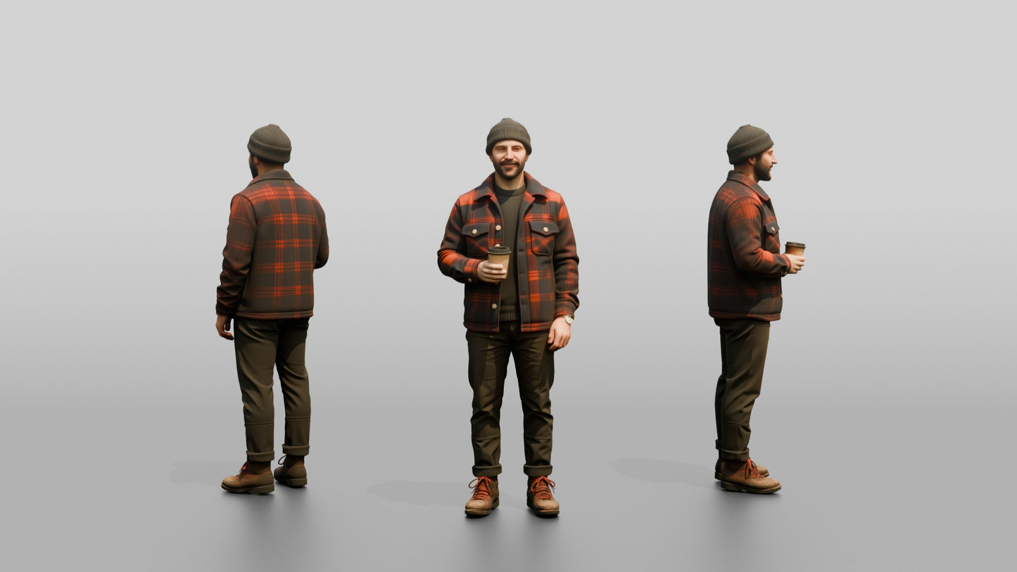 Caucasian Man in Plaid Flannel Jacket with Coffee