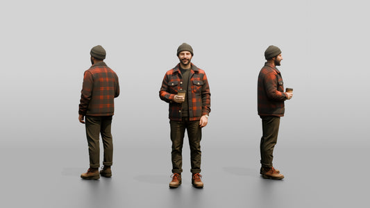 Caucasian Man in Plaid Flannel Jacket with Coffee