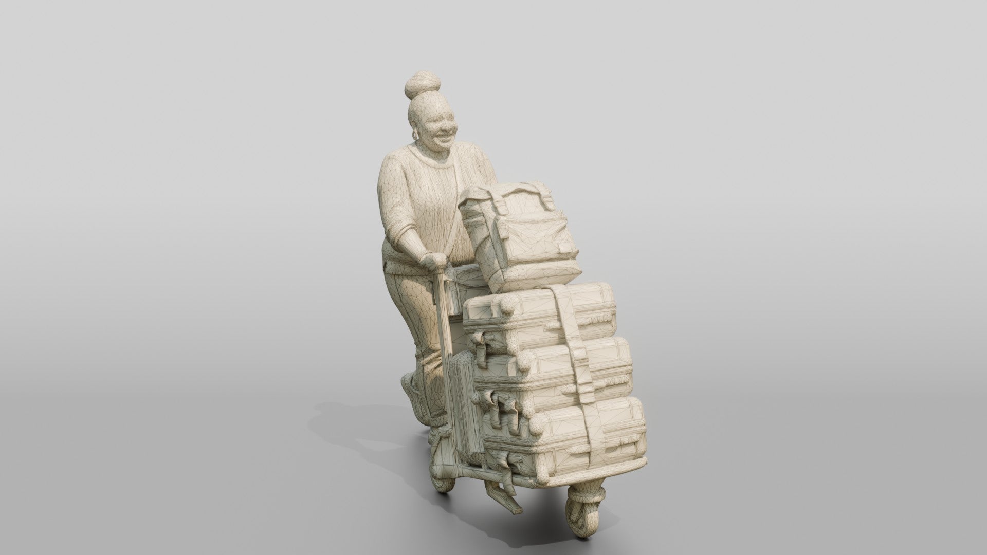 Plus-Size Woman Pushing Luggage Cart with Colorful Suitcases