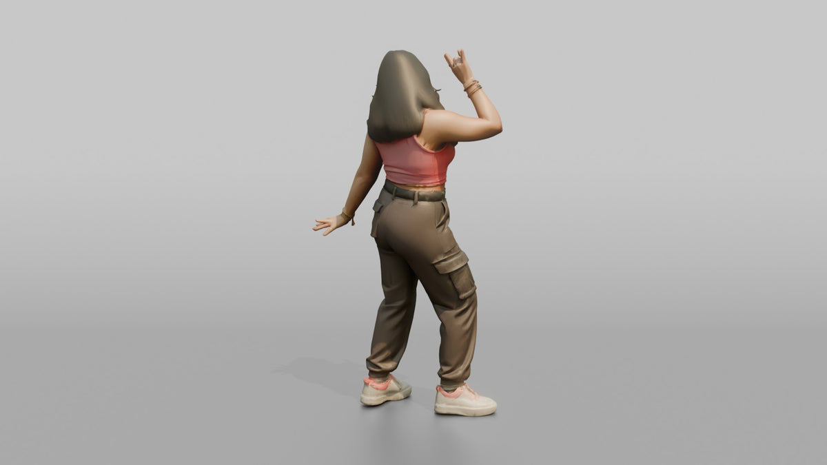 Patron Woman Striking A Playful Pose In A Neon Crop Top And Cargo Pants - 3D character model, view 3
