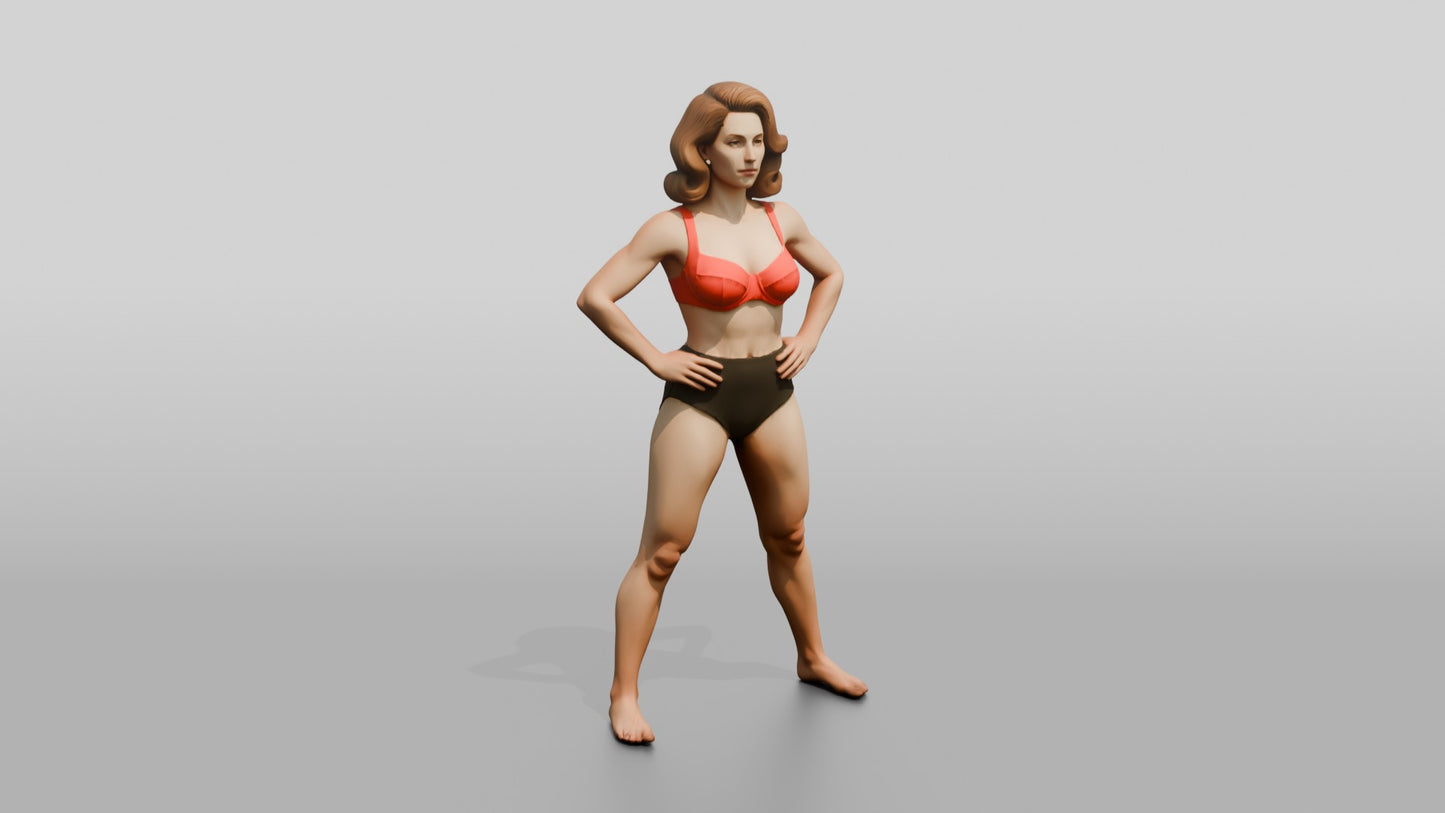 Woman in Red Two-Piece Swimsuit Wide Stance Hands on Hips