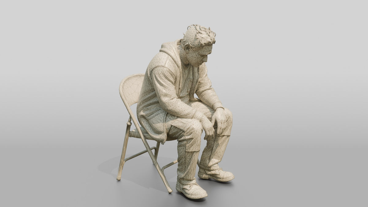 Homeless Man Looking Disoriented and Slouched Over - wireframe topology preview