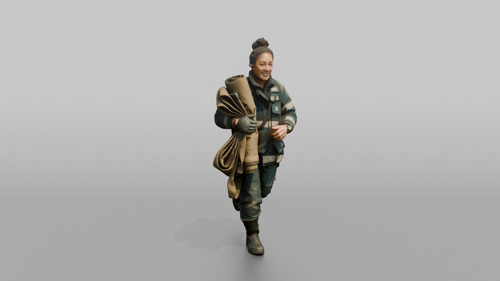 Firefighter Woman Jogging While Carrying a Salvage Cover Tarp