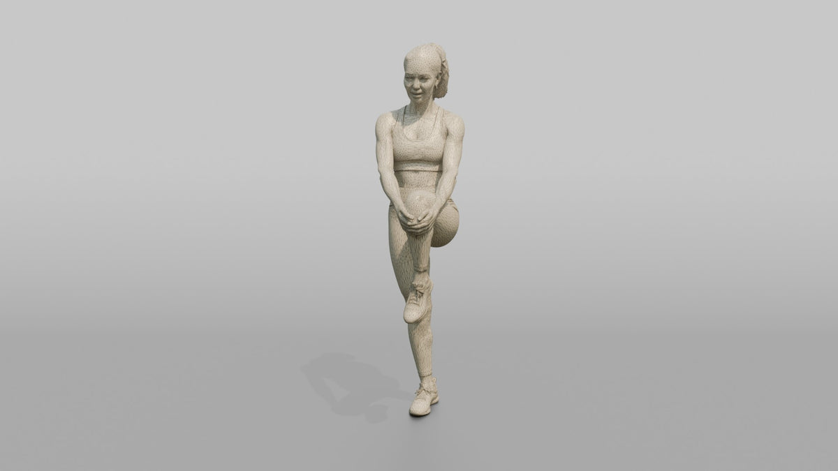Fitness Influencer Woman Doing A Standing Knee-to-chest Stretch - wireframe topology preview