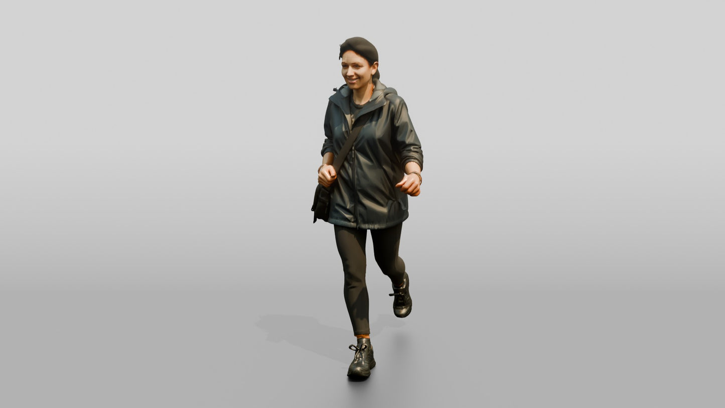 Indian Woman Walking Briskly in Dark Raincoat