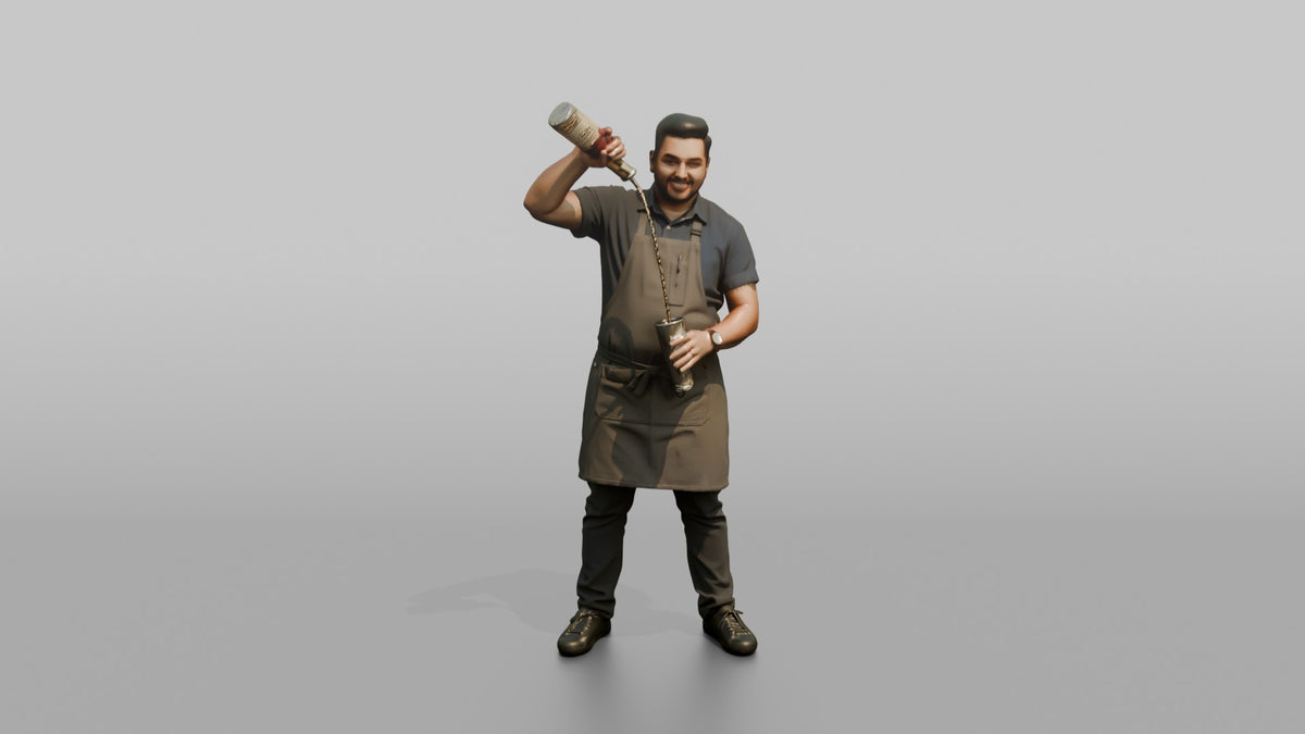 Bartender Man Holding A Bottle Up, Mid-pour - 3D character model, view 5