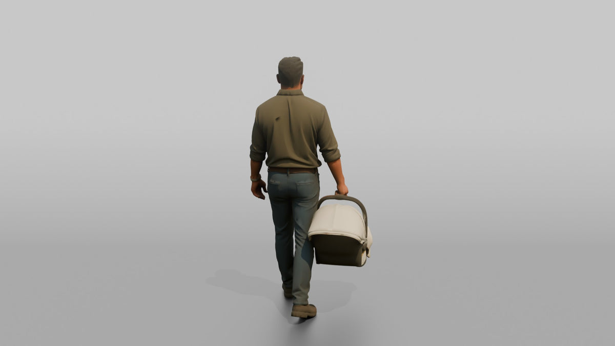 Father Carrying A Car Seat By Its Handle At His Side - 3D character model, view 3