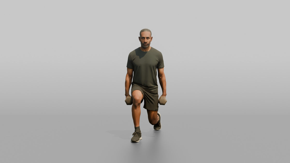 Weightlifter Man Holding Two Dumbbells At The Sides Mid-lunge - 3D character model, view 5