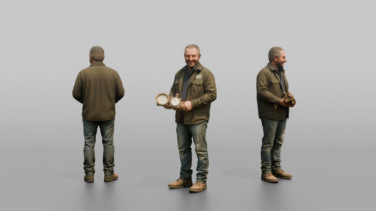 Farmer Holding Open Water Flow Meter Gauge - 3D character model