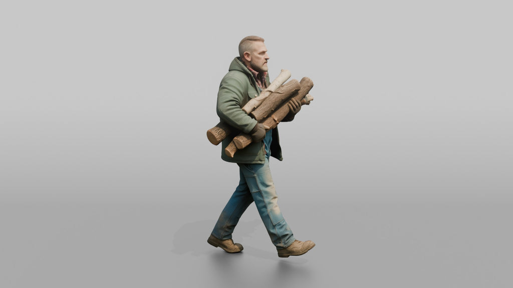 Farmer Carrying Armful Of Thick Hardwood Logs