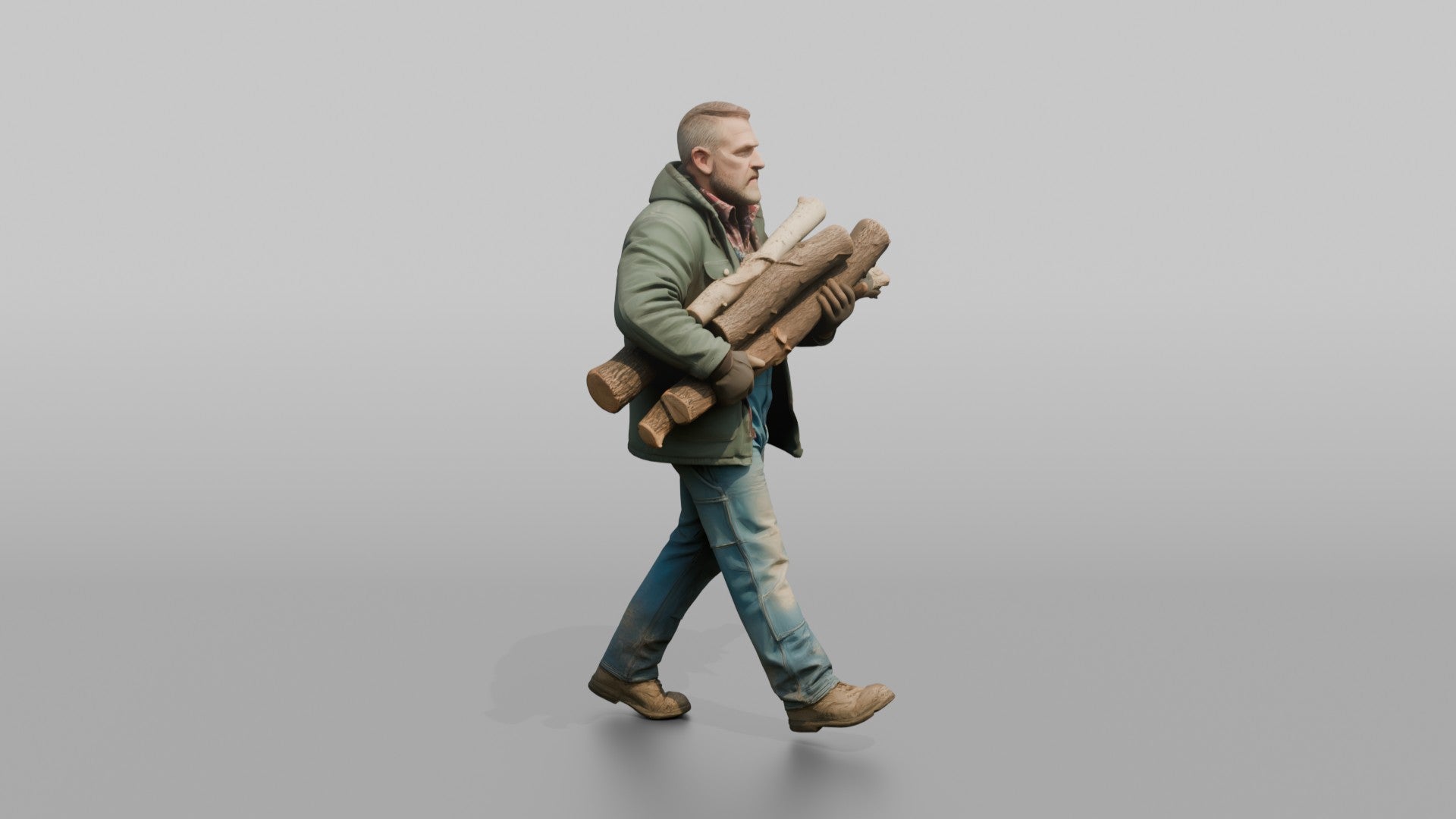 Farmer Carrying Armful Of Thick Hardwood Logs