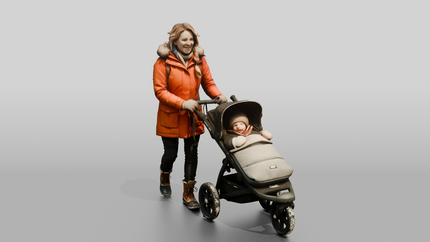 Norwegian Mother Pushing Stroller in Snow