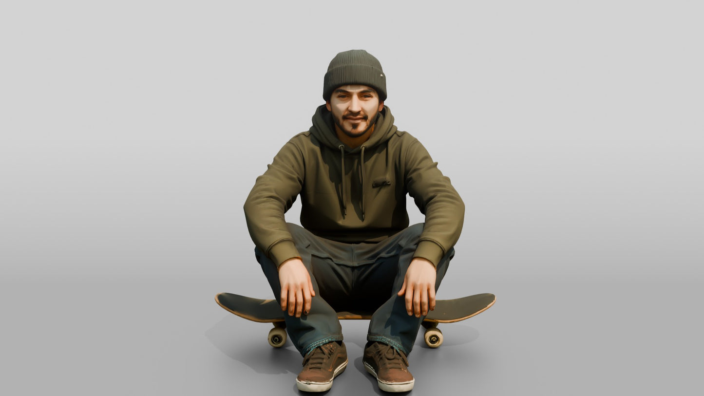Skater Man Sitting on Skateboard
