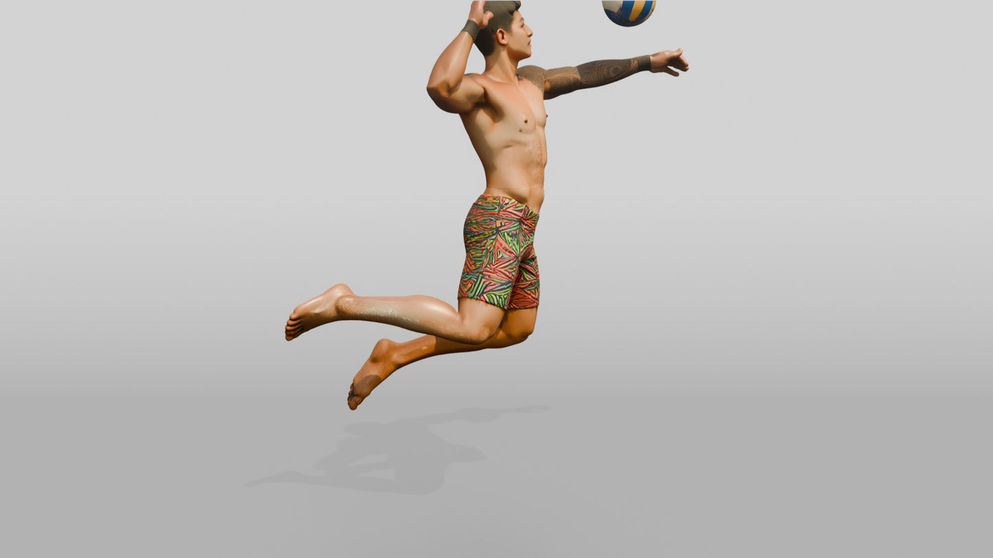 Latino Man Leaping in Beach Volleyball Pose