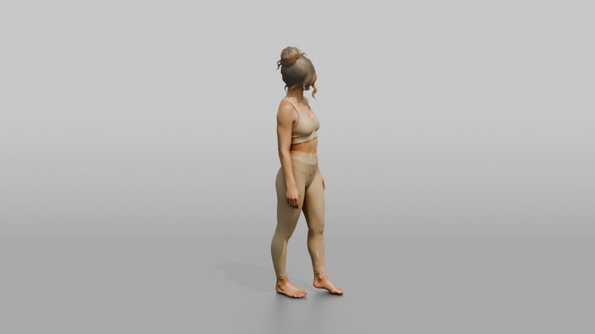 Fitness Influencer Woman Standing At A Slight Angle Looking Over The Shoulder - 3D character model, view 3