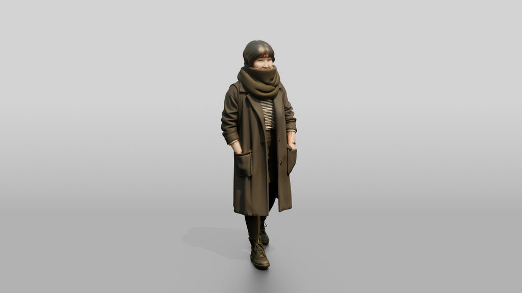 Asian Woman Walking in Oversized Scarf