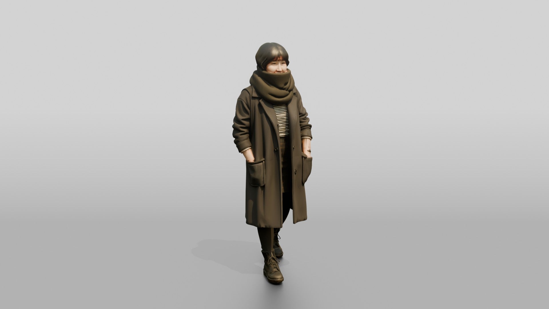 Asian Woman Walking in Oversized Scarf