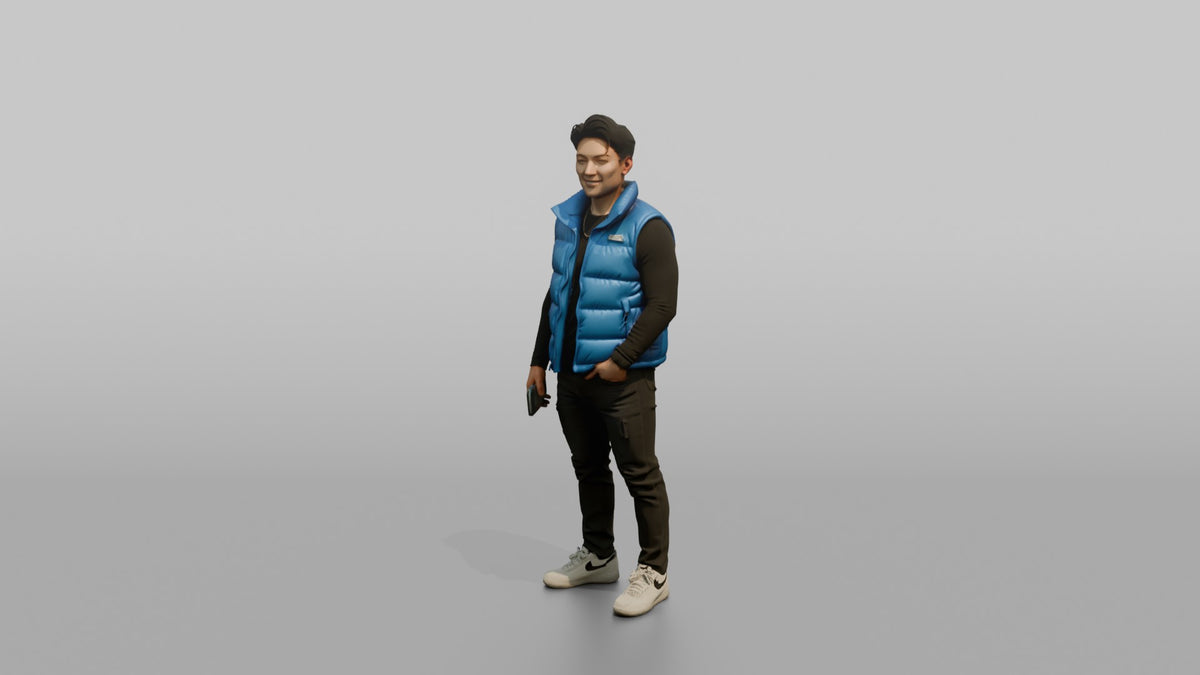 Patron Man Striking A Confident Pose In A Bright Puffer Vest - 3D character model, view 4