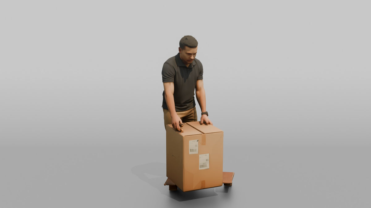 Man Stock Clerk Unpacking A Cardboard Box With A Box Cutter - 3D character model, view 2