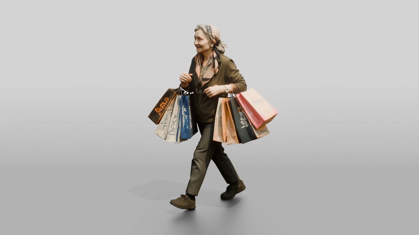 Elderly Woman Walking with Shopping Bags