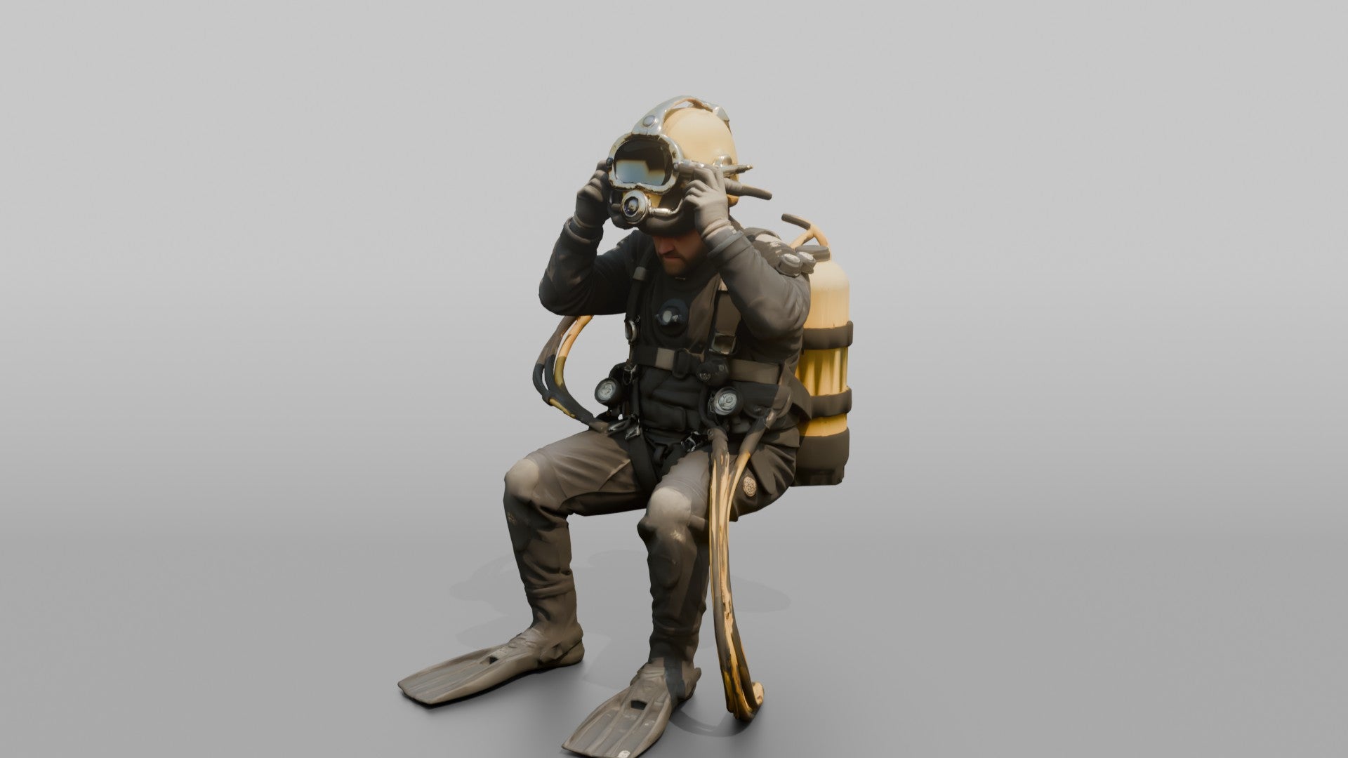 Diver Adjusting His Helmet Before a Dive
