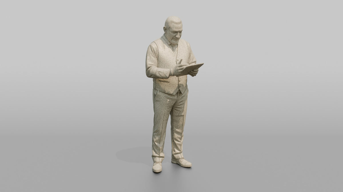 Host Man Checking A Reservation List On A Clipboard - wireframe topology preview