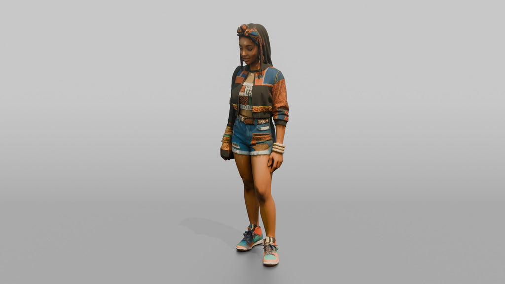 African Woman in Print Crop Sweater and Denim Shorts