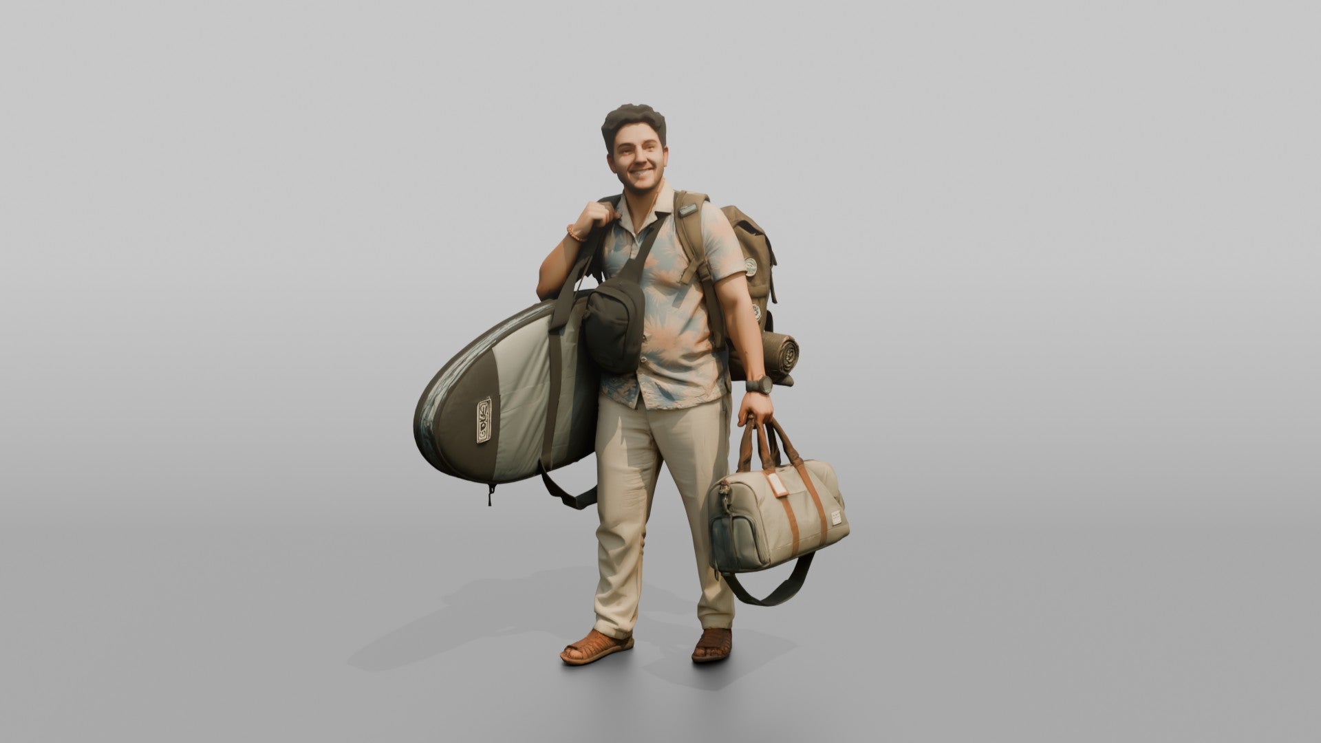 Traveler Carrying A Surfboard And Backpack
