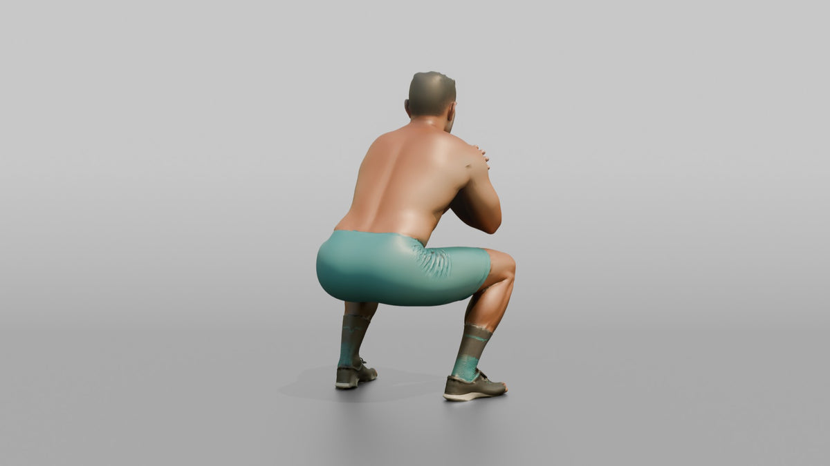 Bodyweight Athlete Man Holding A Deep Squat Position, Arms Crossed - 3D character model, view 3
