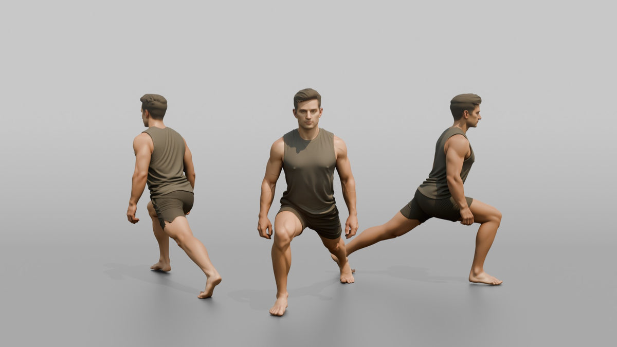Fitness Influencer Man In A Low Lunge Position - 3D character model, view 1