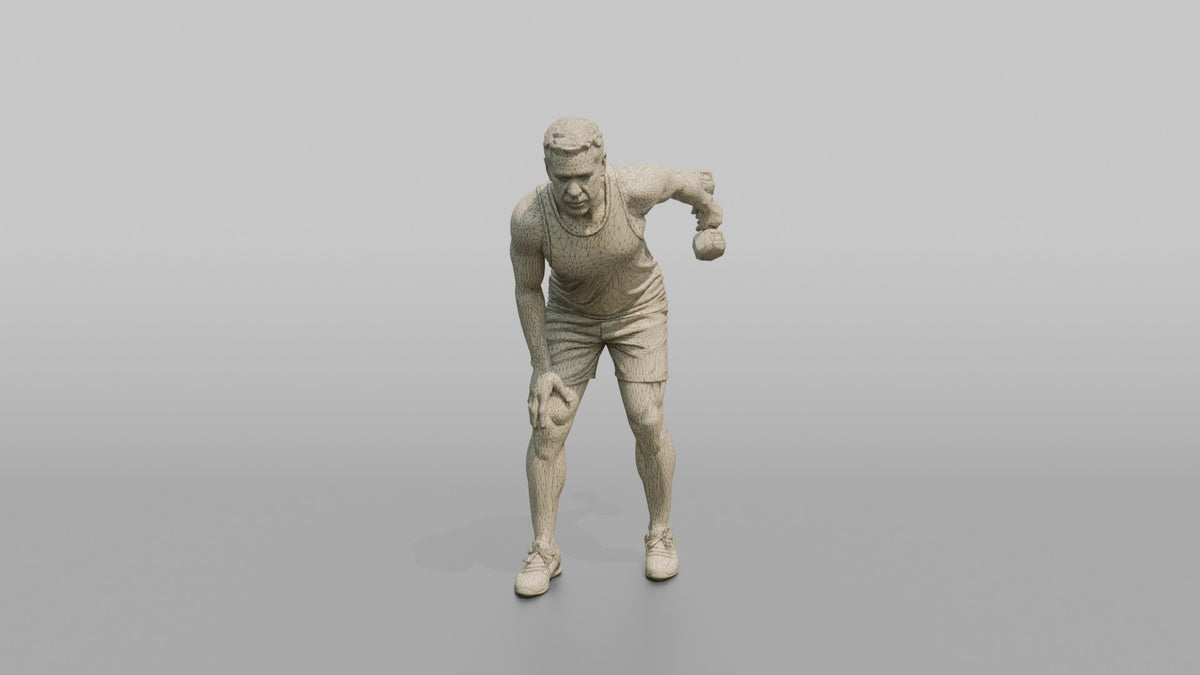 Weightlifter Man Performing A Tricep Kickback With A Dumbbell - wireframe topology preview