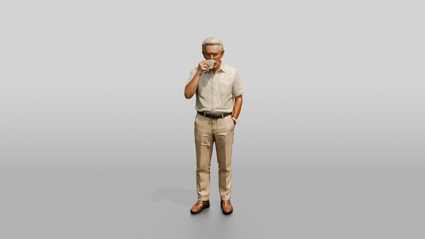 Elderly Slender Spanish Man Sipping Espresso
