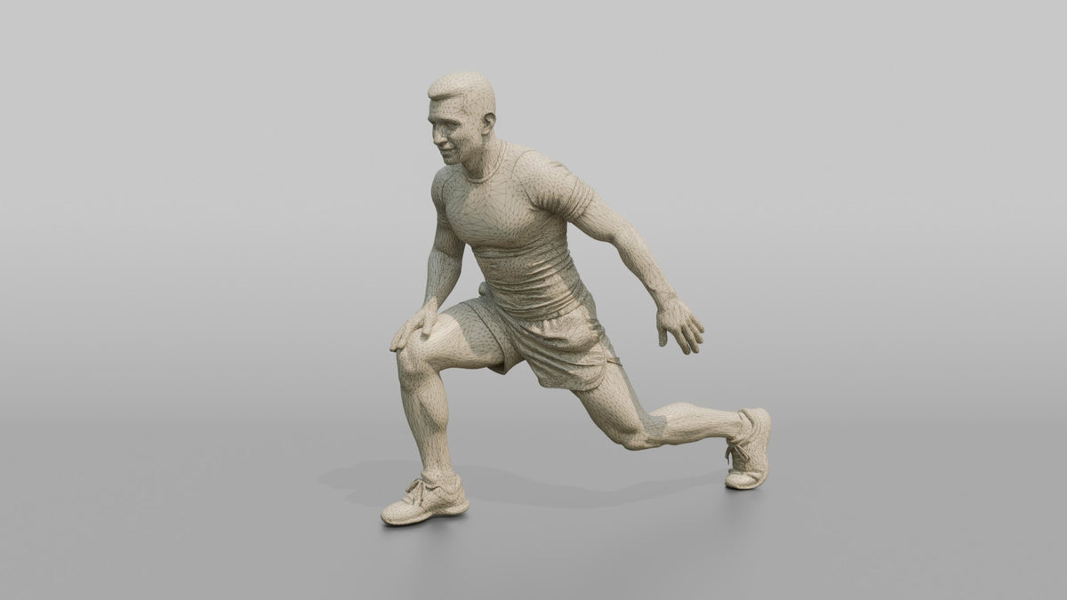 Fitness Influencer Man Doing A Dynamic Lunge Stretch - wireframe topology preview