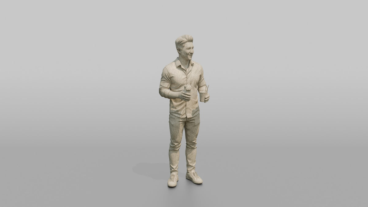 Patron Man Holding Two Drinks, One In Each Hand - wireframe topology preview